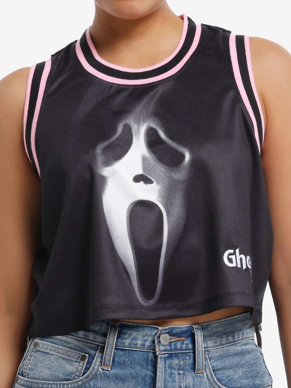 Hot Topic Ghost Face Crop Jersey Scream Haloween Horror Black Pink Sz S